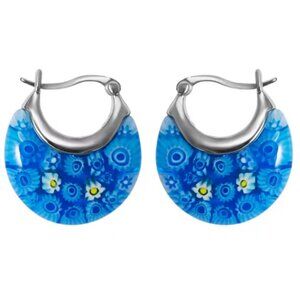 Blue Murano Style Glass Hoop Earrings for Women Daisy Flower Stainless Steel